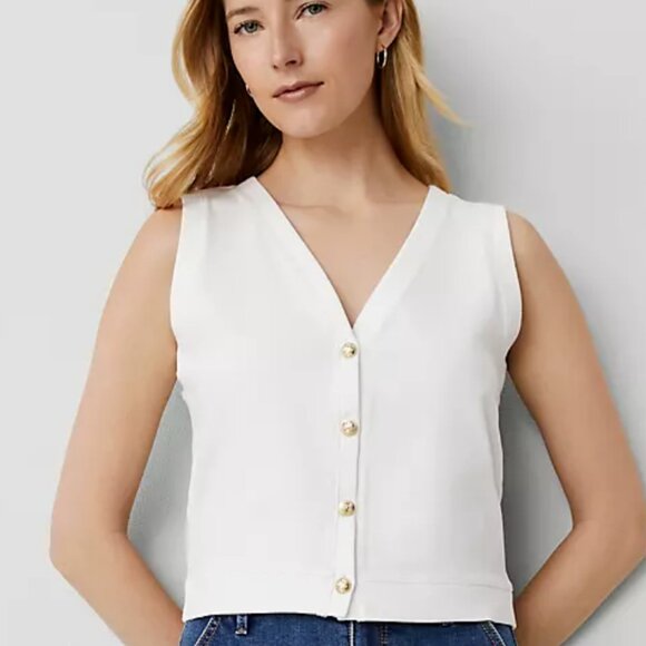 Ann Taylor White Knit V-Neck Vest - Picture 1 of 3